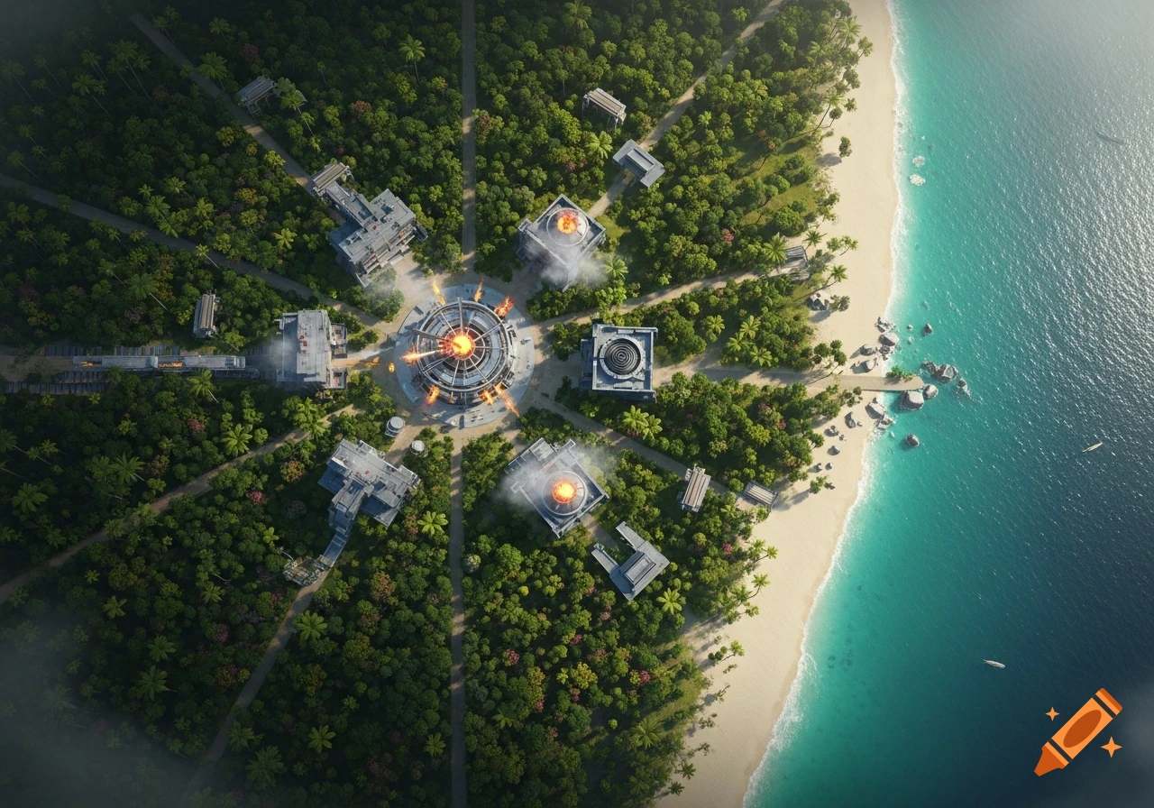 Aerial view of a tropical island featuring a central futuristic arena glowing with orange energy, surrounded by satellite buildings and dense jungle, with a sandy beach and turquoise ocean along one side.
