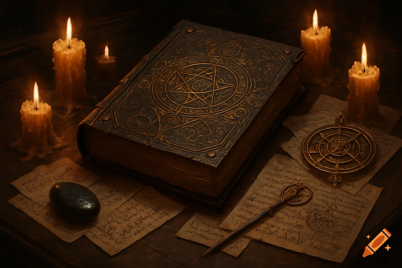 An ornate, dark magic book with a pentagram on its cover, surrounded by glowing candles, scattered papers with illegible script, and mystical bronze tools on a wooden desk.