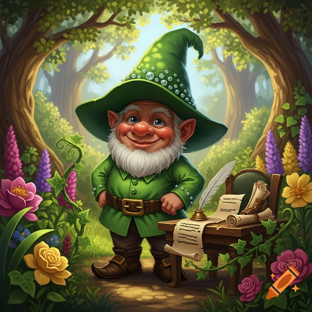 A grinning gnome in a green hat and tunic stands in an enchanted forest with colorful flowers, next to a table with scrolls.