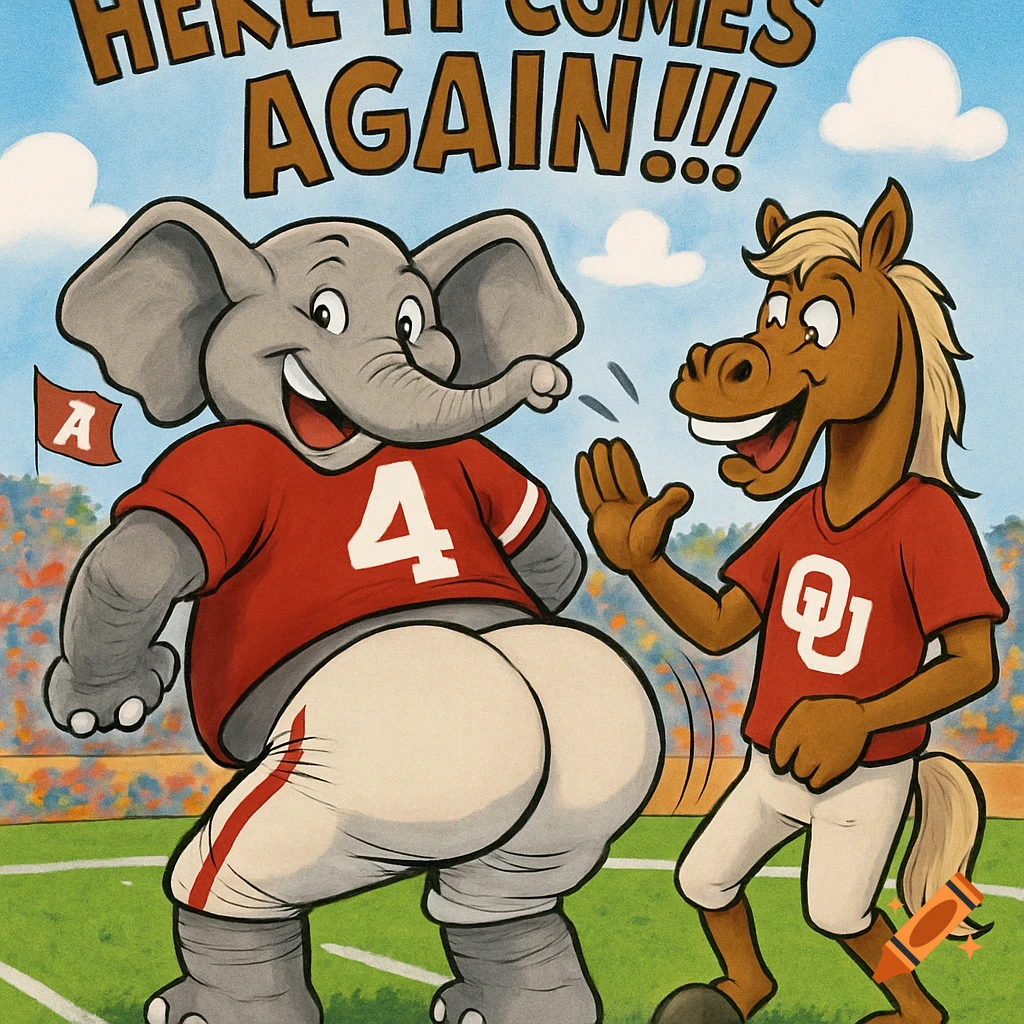 Cartoon of an Alabama elephant mascot bending over for an Oklahoma horse mascot to spank him on a football field. Caption 'HERE IT COMES AGAIN!!!'.