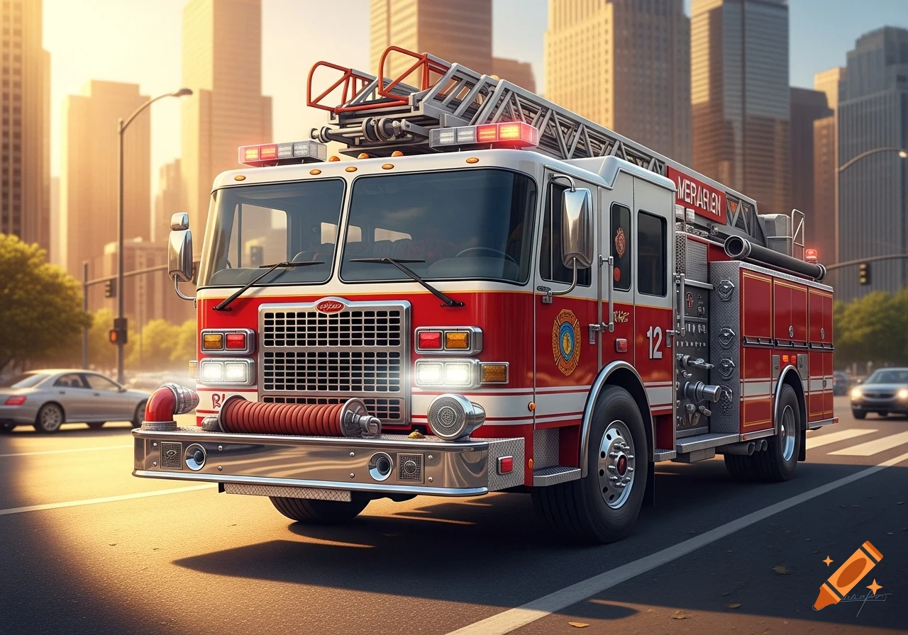 A photorealistic fire truck drives down a city street at golden hour, with tall buildings in the background.