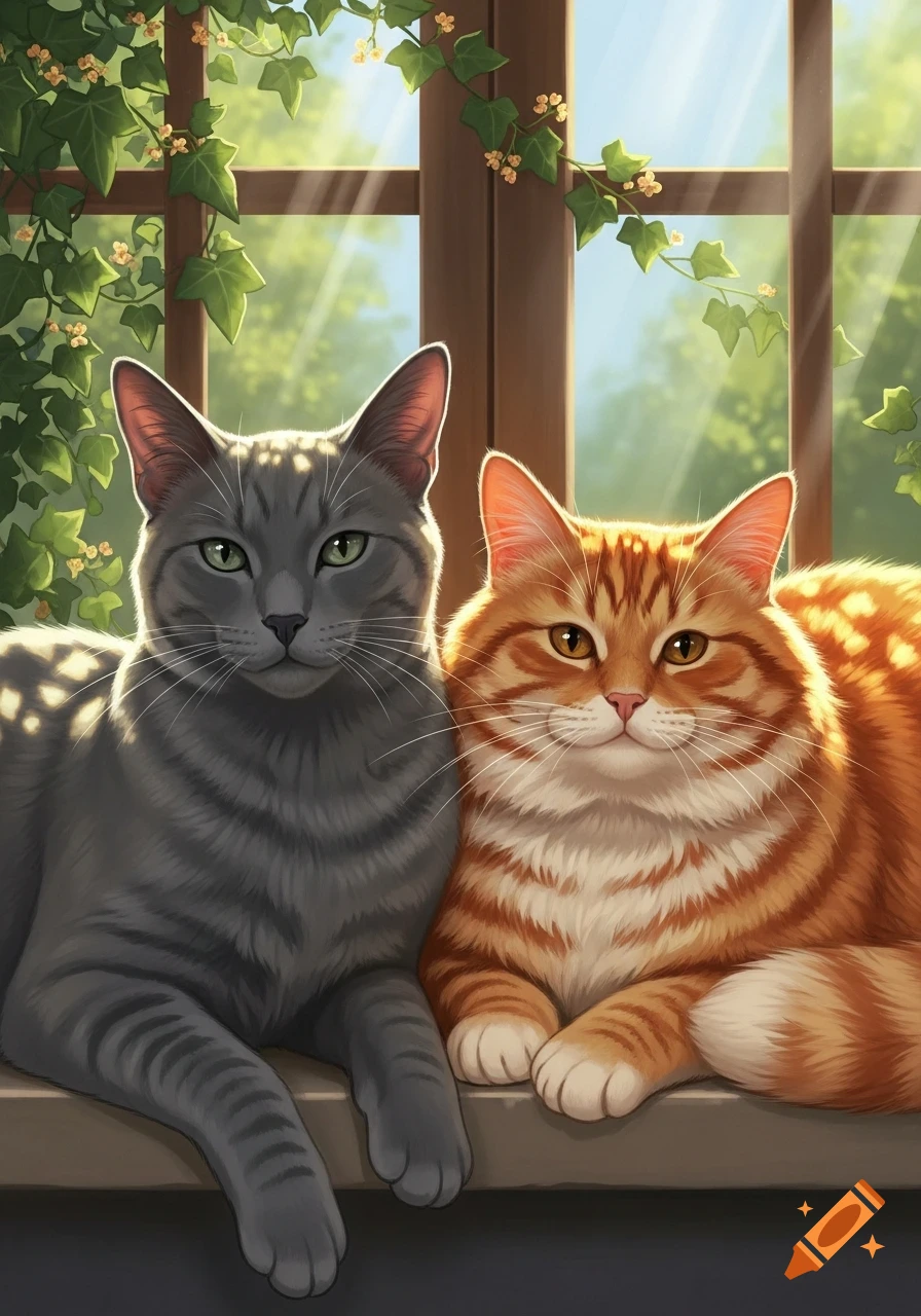 A grey tabby and an orange tabby cat sit side-by-side on a sunlit ...