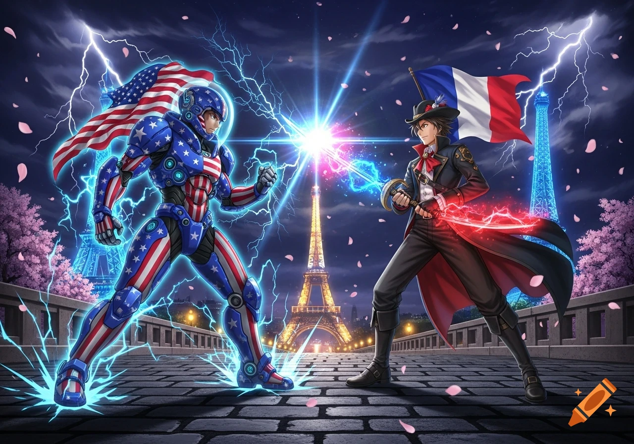 Anime-style warriors representing America and France face off with lightning powers in a nighttime Paris scene with the Eiffel Tower and cherry blossoms.