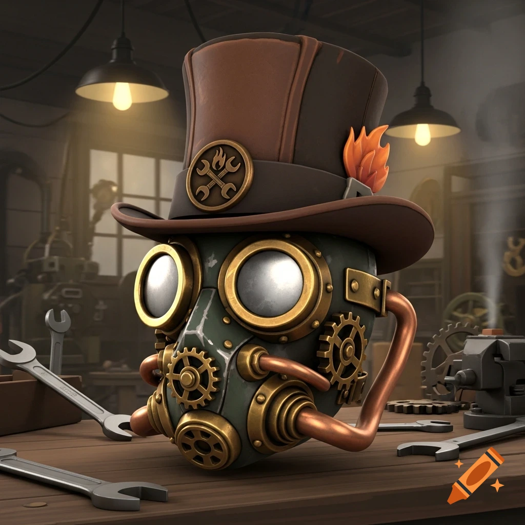 A stylized steampunk gas mask wearing a brown top hat, surrounded by wrenches and tools in a dimly lit workshop.