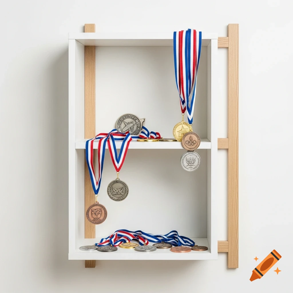 Gold, silver, and bronze sports medals with patriotic ribbons on a white minimalistic shelf.