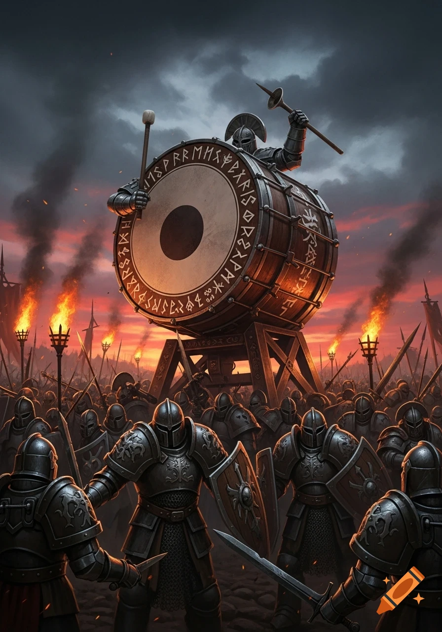 Armored knight beats a massive drum with runes, leading an army of knights into battle at sunset with torches and smoke in a dark fantasy style.