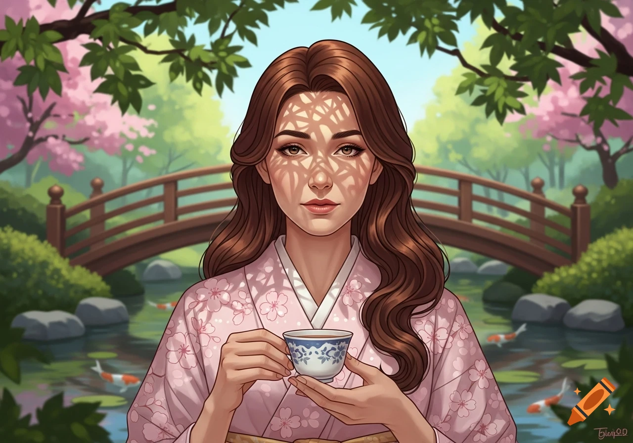 An illustrative image of a woman in a pink kimono holding a tea cup in a Japanese garden with a bridge, pond, and cherry blossoms.