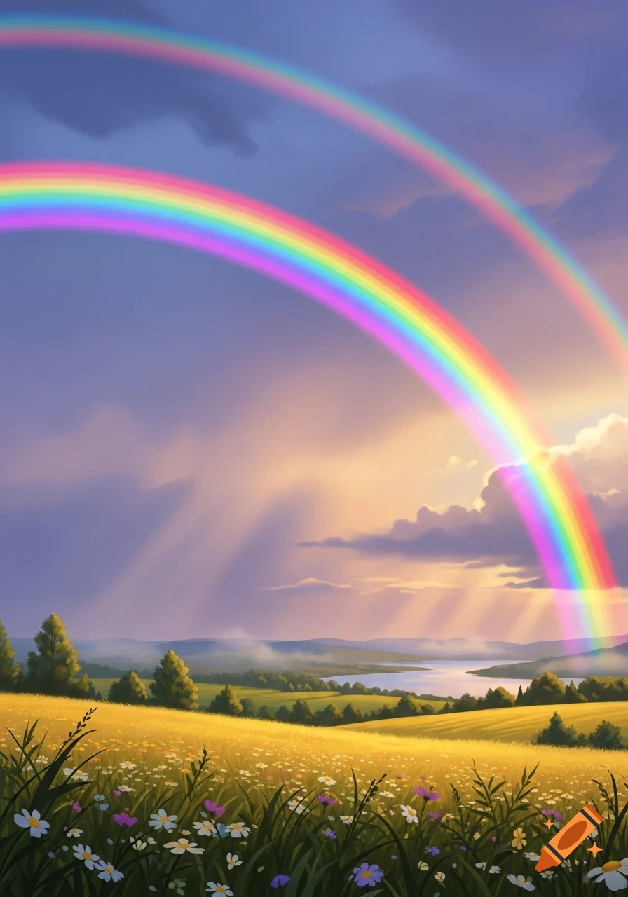 A vibrant double rainbow arches over a golden meadow filled with wildflowers, a distant lake, and rolling hills under a dramatic sky.