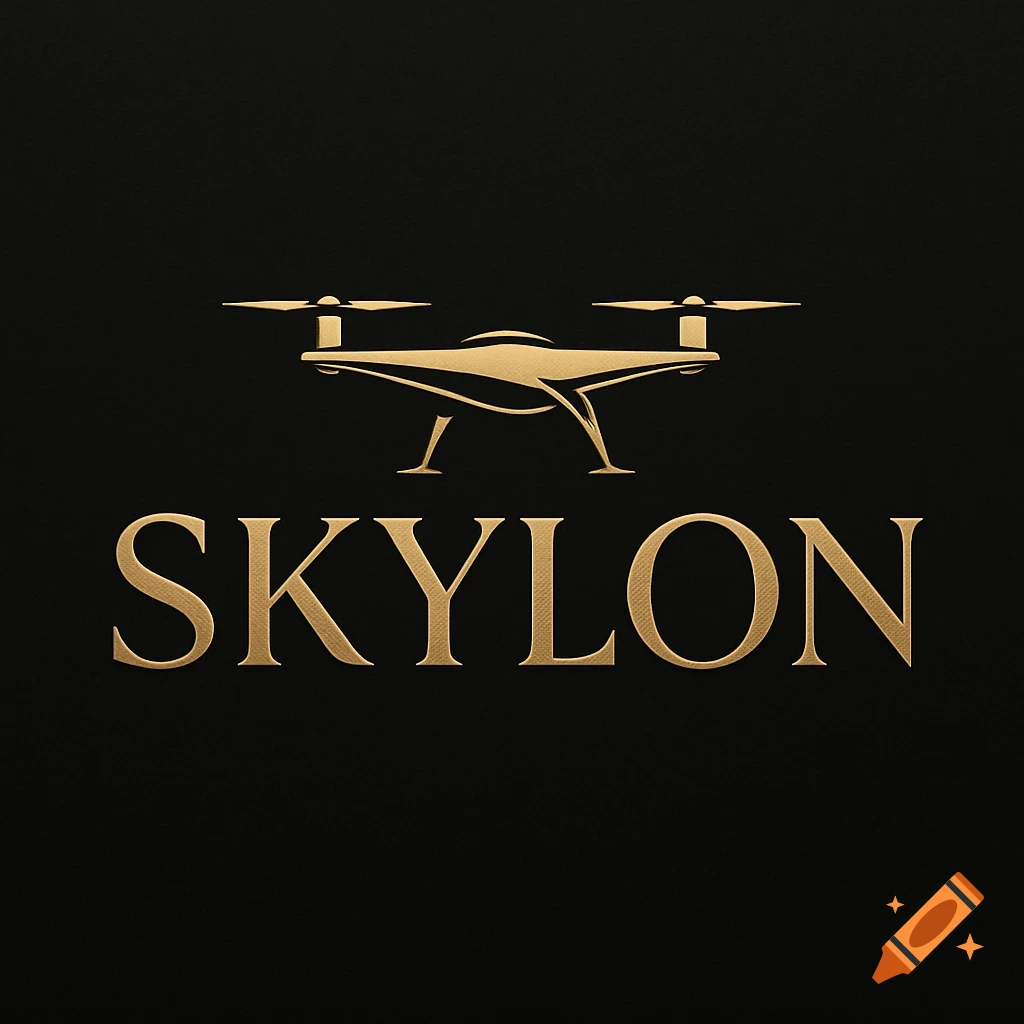 A luxury logo featuring a gold drone silhouette above the word SKYLON, all in metallic gold on a black background.