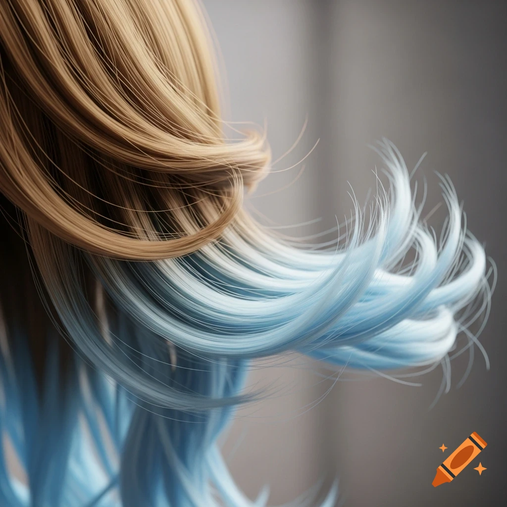Close-up of a realistic wig with honey brown hair blending into light blue ends.