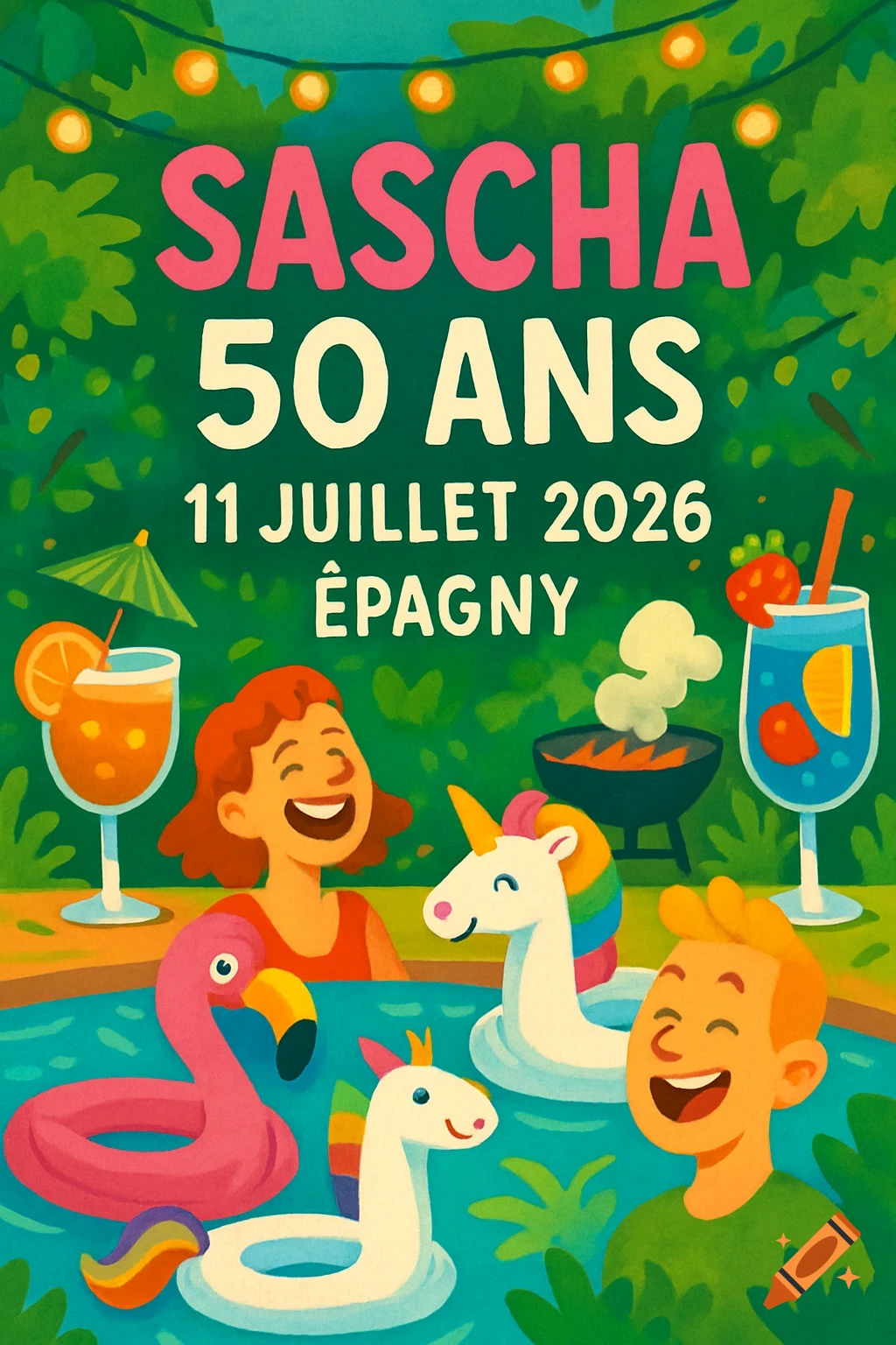A vibrant cartoon invitation for a 50th birthday pool party, with happy people, fun inflatables, cocktails, and event details.