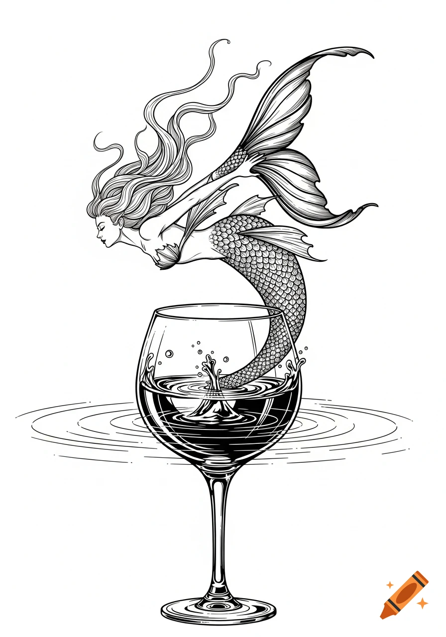 Stylized black and white line art of a mermaid diving into a wine glass, creating a splash.