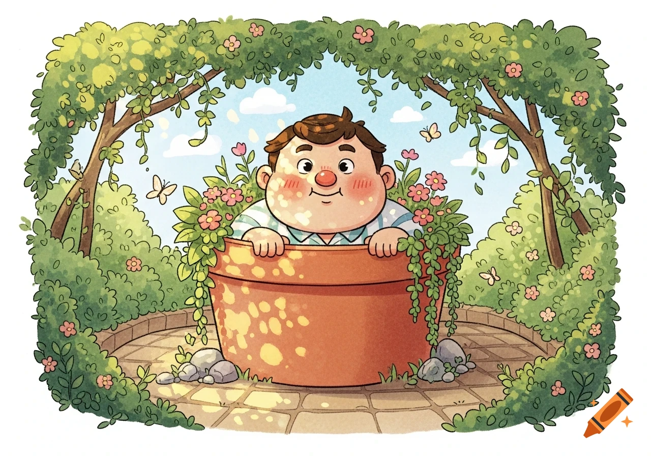A cheerful cartoon character with rosy cheeks smiles from a large plant pot amidst a garden with flowers and butterflies, illustration.