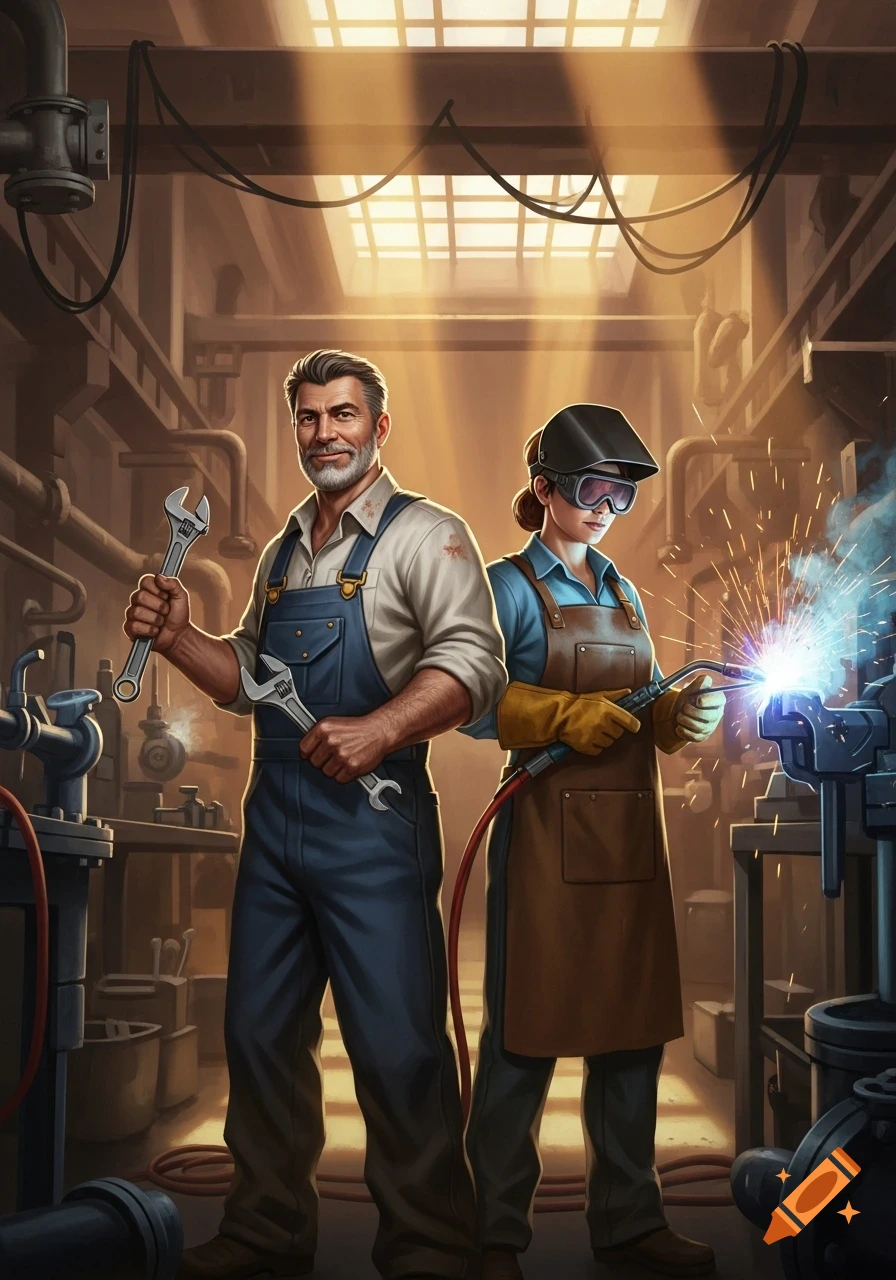 A male plumber holding wrenches and a female welder with a torch and mask work in an industrial workshop.