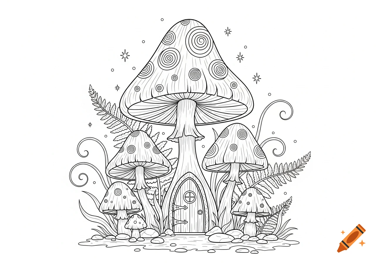 Black-and-white line art coloring page depicting a cluster of fantasy mushrooms with swirling caps, fern leaves, and a tiny fairy door.