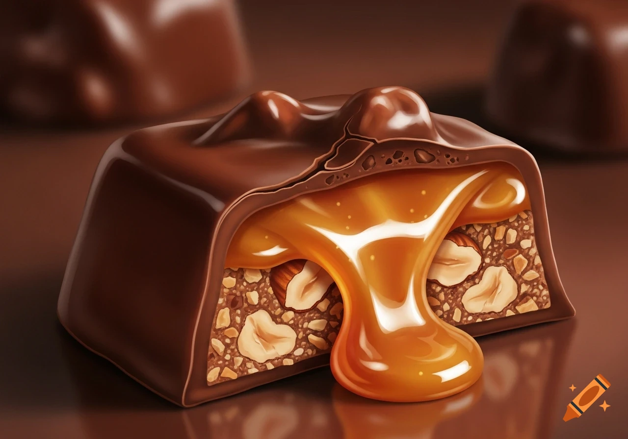 Close-up of an open chocolate bar with thick, oozing caramel and roasted nuts, appearing delicious and mouthwatering.