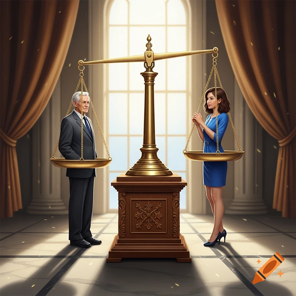 An illustrated image of a man in a suit and a woman in a blue dress standing on opposite sides of a large, balanced golden scale in a grand hall.