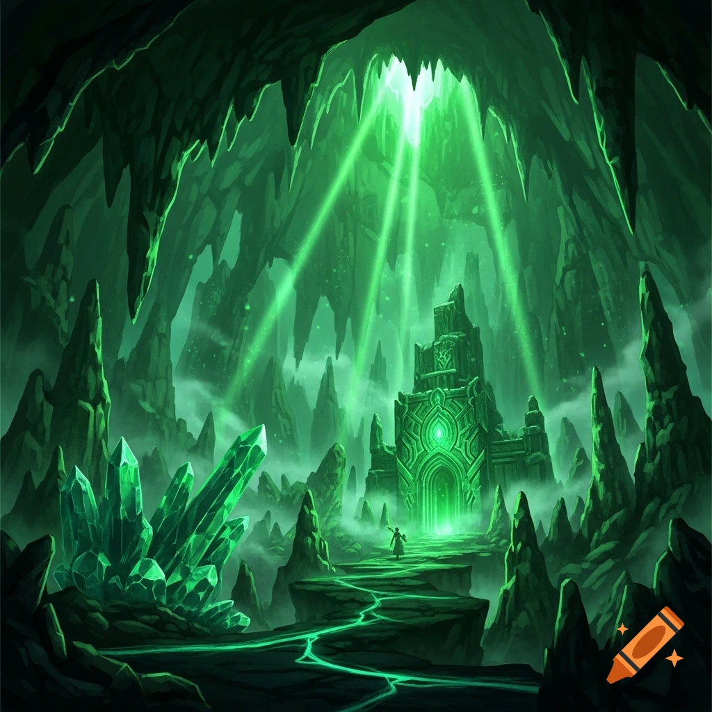 A fantasy art scene of a glowing green cavern filled with emerald crystals, an ancient ruin, and a lone figure.