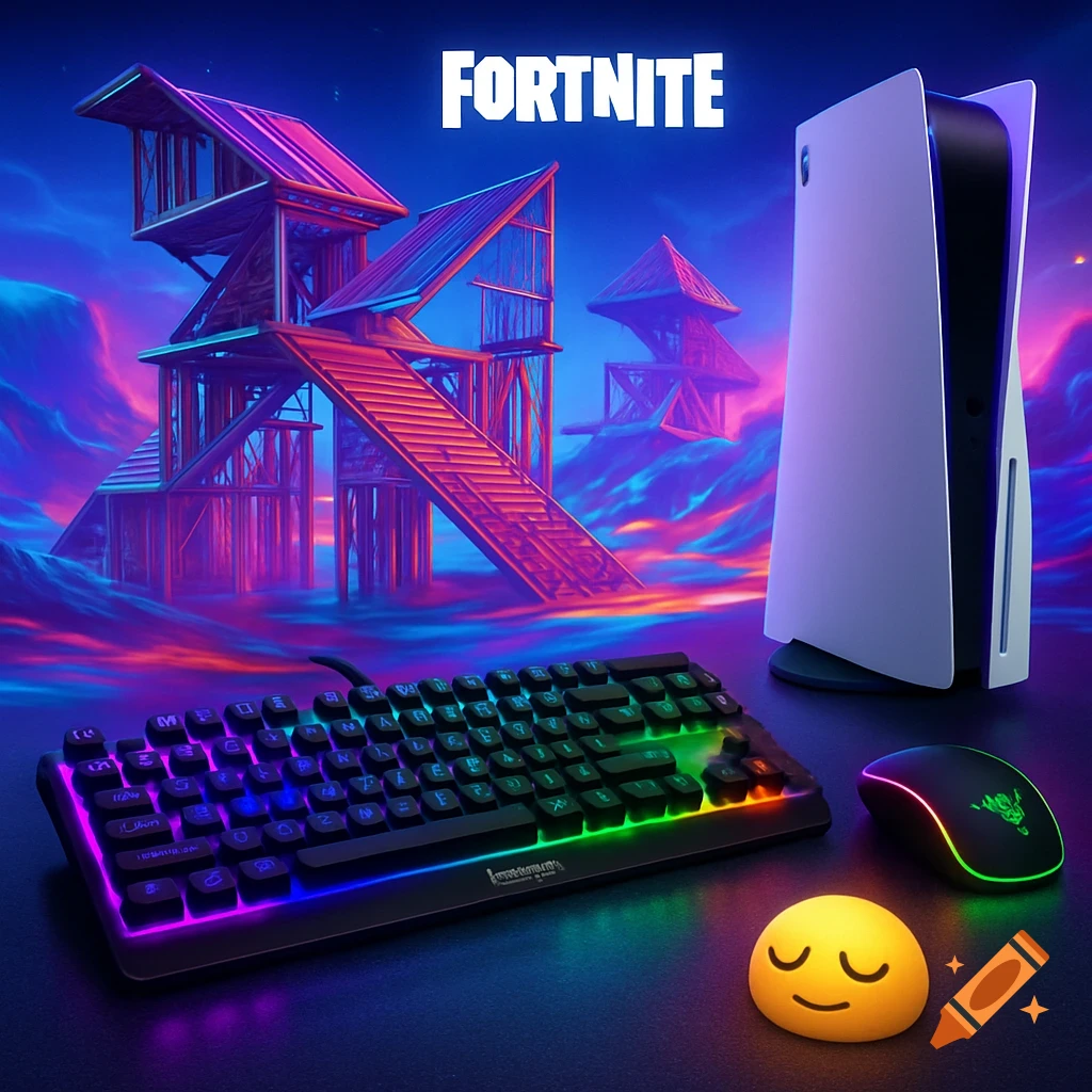 A PlayStation 5, an RGB keyboard, a gaming mouse, and a sleeping emoji rest on a dark surface, with glowing purple and blue Fortnite-like structures in the background under a 'FORTNITE' logo.