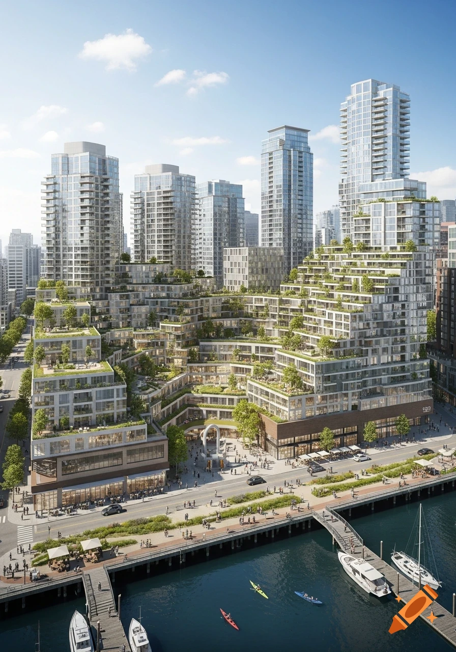 High-angle view of a modern waterfront city with tiered green-roofed buildings, a bustling plaza, and boats docked in a harbor.