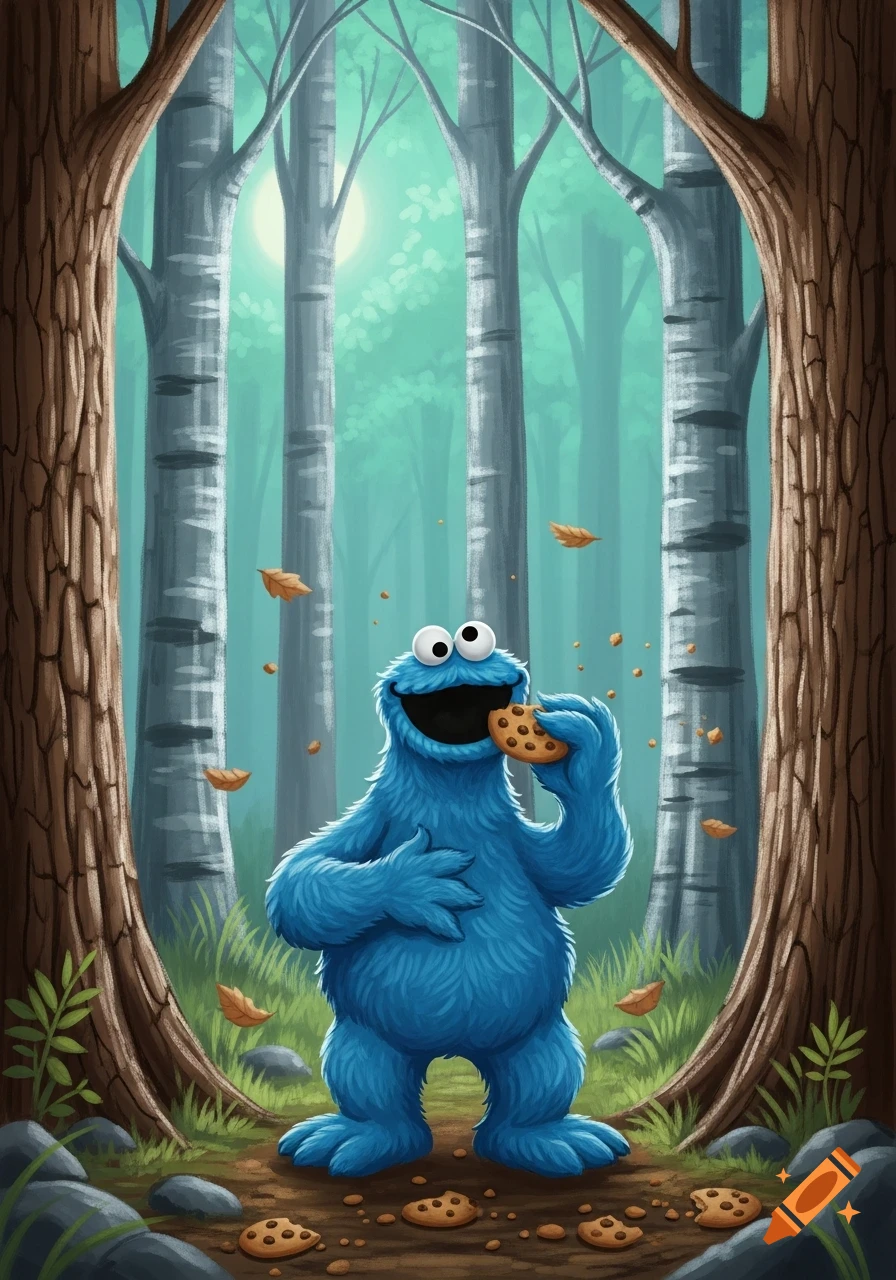 A blue, furry Cookie Monster stands in a forest, happily eating a chocolate chip cookie with crumbs scattered around him, illustrated in a whimsical style.