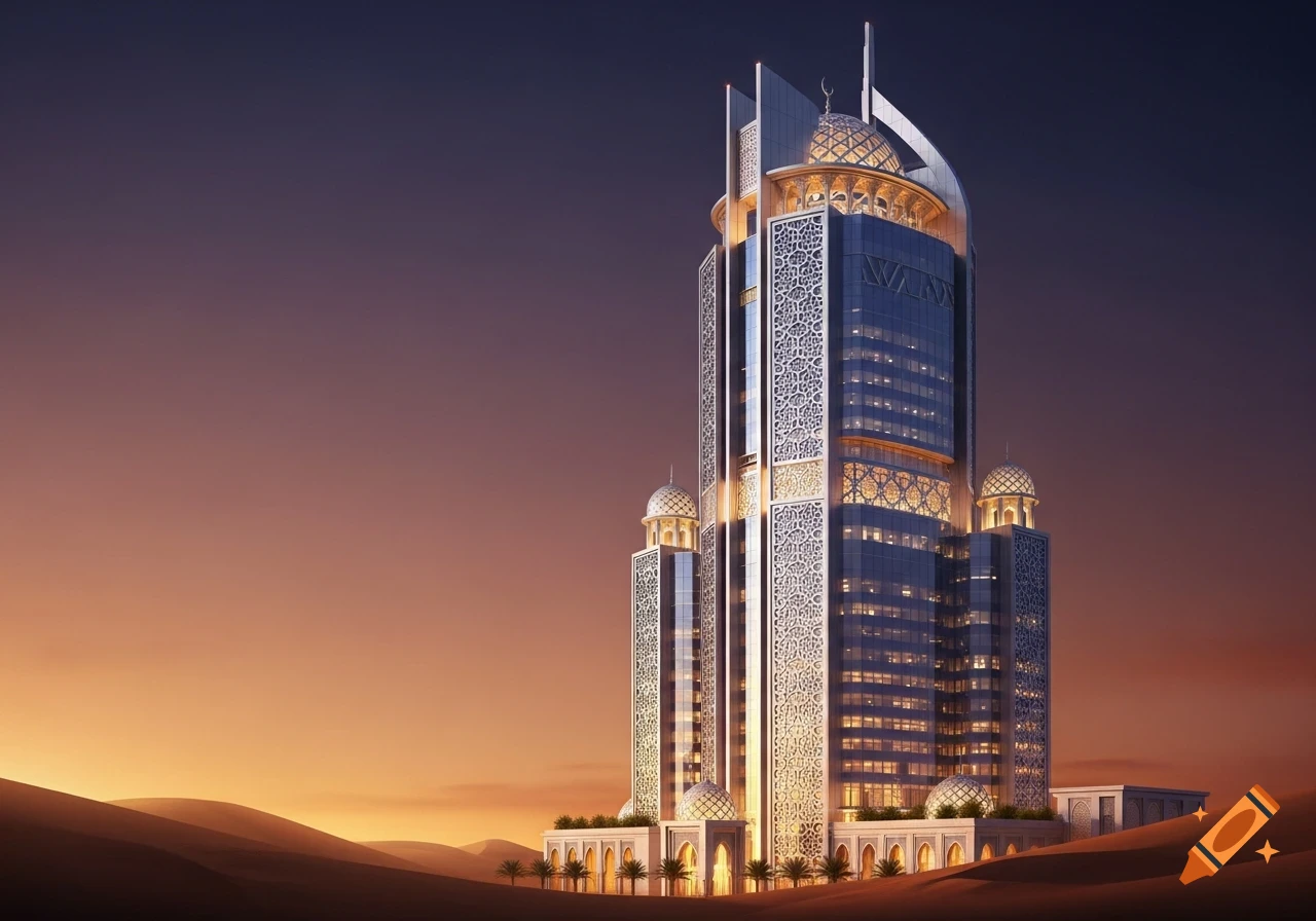 A tall, ornate skyscraper with traditional Arabic architectural details and domes stands in a desert landscape under a warm sunset sky.