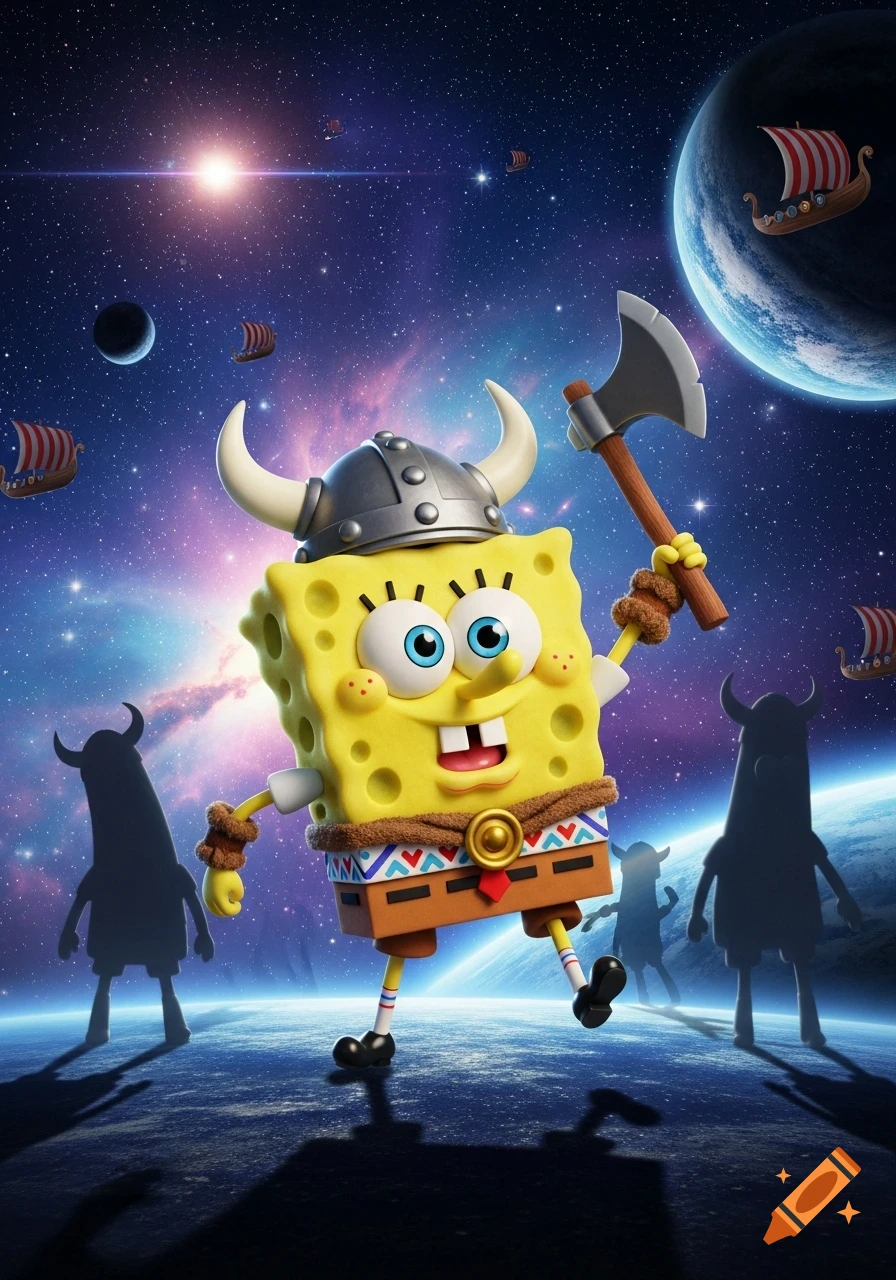 Spongebob Squarepants in a Viking helmet and holding an axe, floating in space with planets, stars, and small Viking ships around him, with shadowy figures on a planet below in a vibrant 3D animation style.