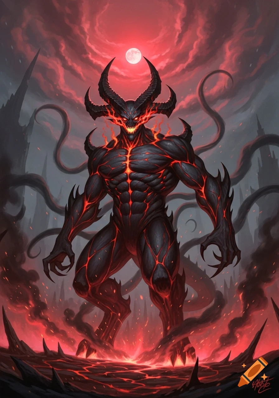 Muscular, horned demon with glowing red eyes and lava cracks stands on fiery ground under a red moon in dark fantasy art.