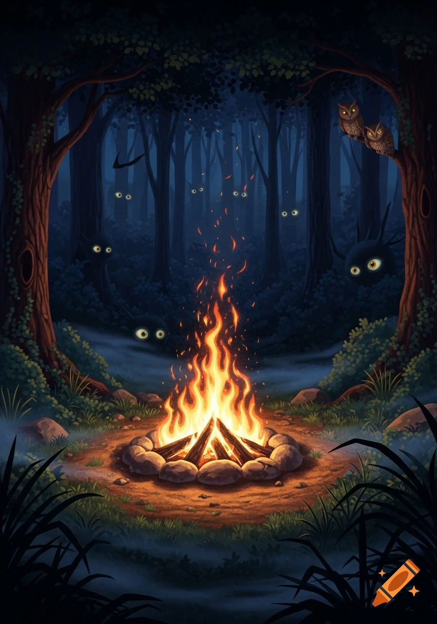 A glowing campfire surrounded by stones in a dark, magical forest at night, with mysterious bright eyes peering from the trees and bushes.