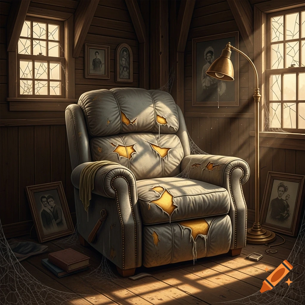 A tattered, light-colored recliner sits in a dusty, rustic wooden room with cracked windows, old framed pictures, and cobwebs, illuminated by sunlight.