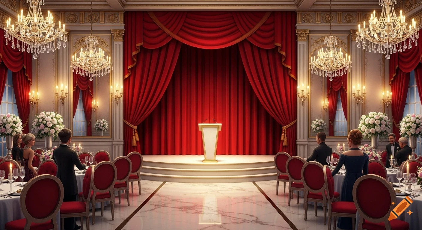 A grand ballroom with red curtains on a stage featuring a podium, surrounded by dining tables, elegant chandeliers, and guests.