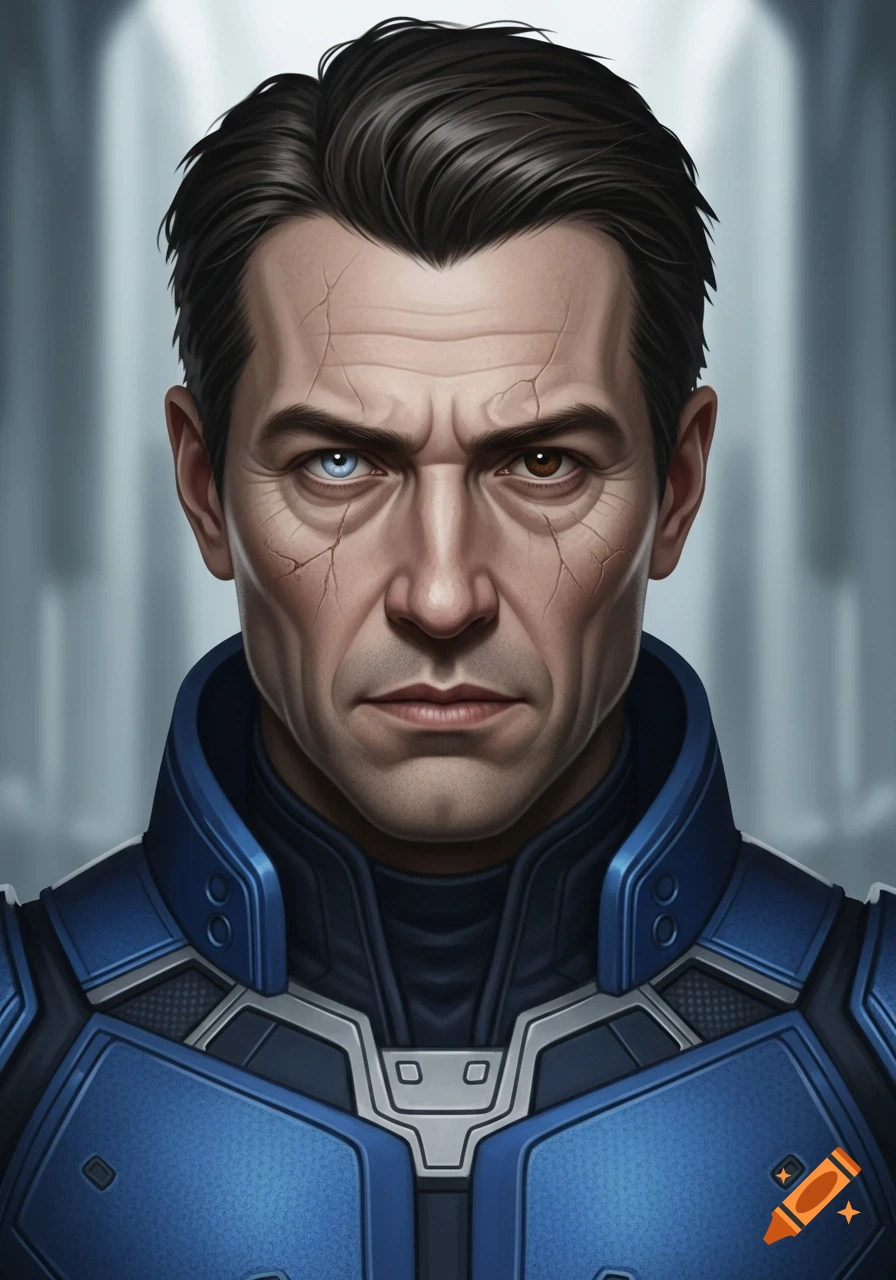 Close-up portrait of a man with dark hair, one blue eye and one brown eye, and worn, cracked skin, wearing a blue futuristic combat suit.