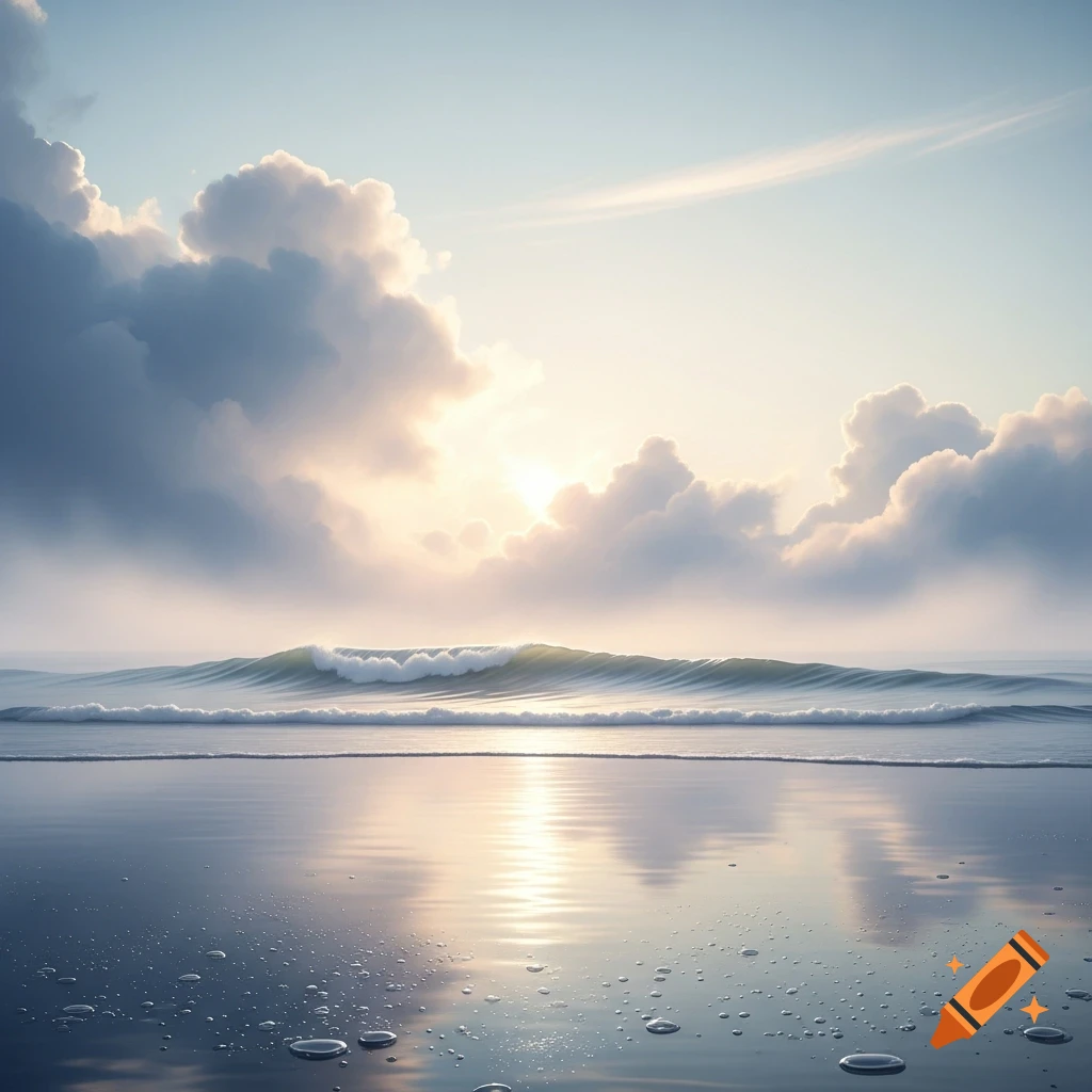 A serene seascape at sunrise with soft clouds reflecting on the wet sand and gentle waves.