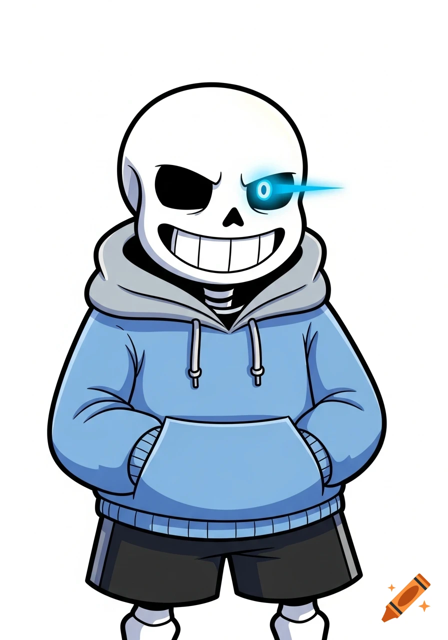 A cartoon skeleton character, Sans from Undertale, wearing a blue hoodie and black shorts, with a glowing blue right eye and a wide smile.