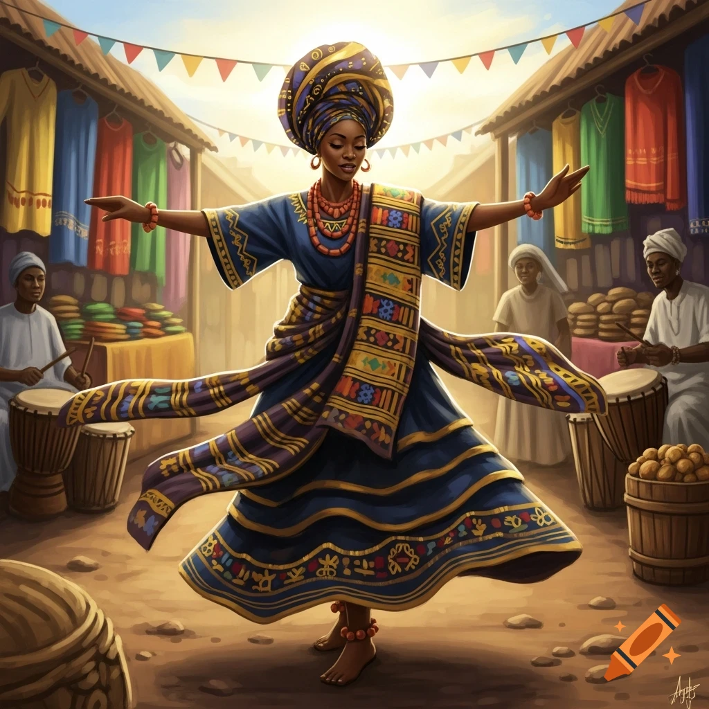 A woman in traditional Yoruba attire dances with outstretched arms in a bustling market. Drummers and vendors are in the background.