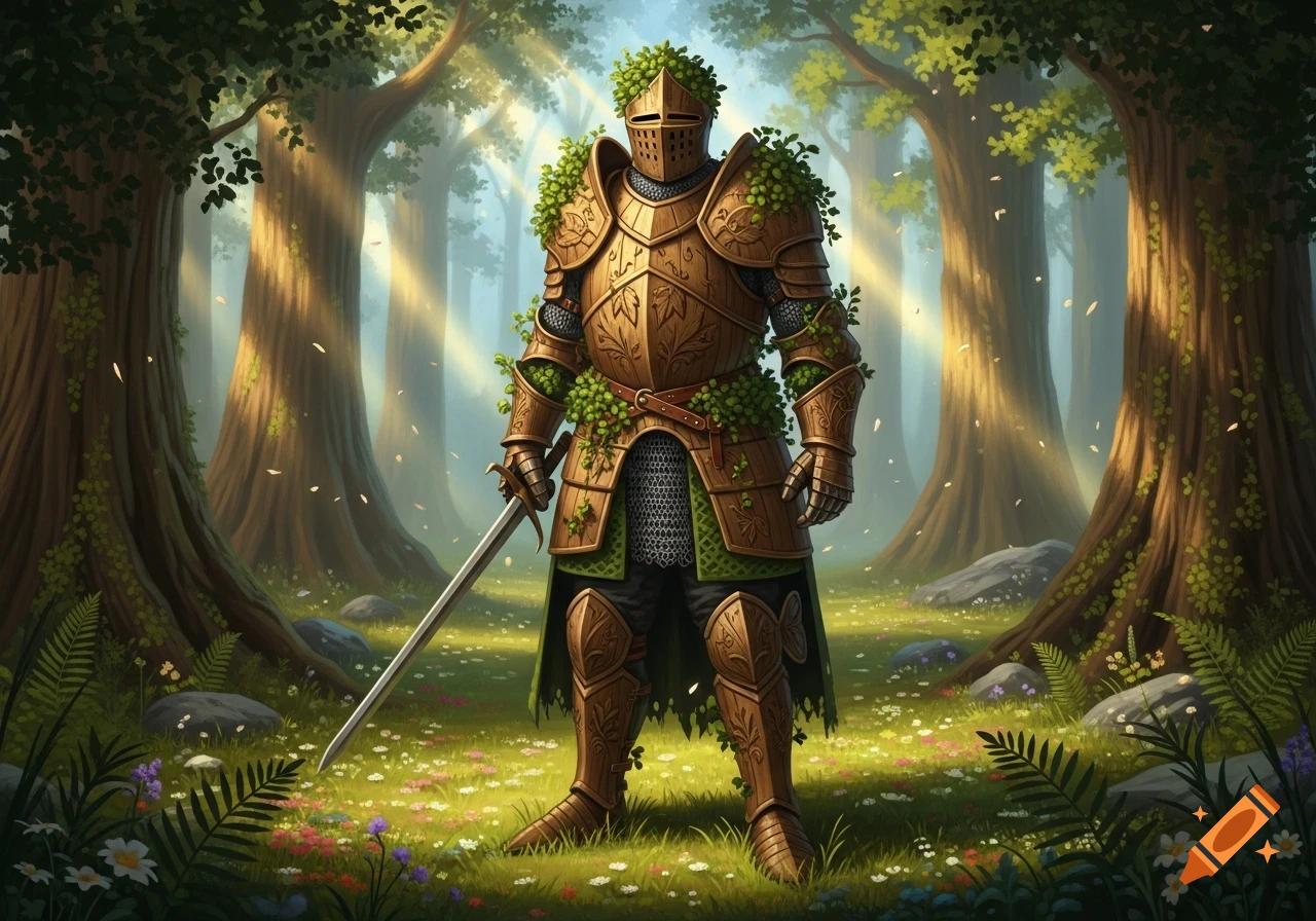 A medieval knight wearing intricate armor made of wood and vines stands in a sunlit forest with wildflowers.