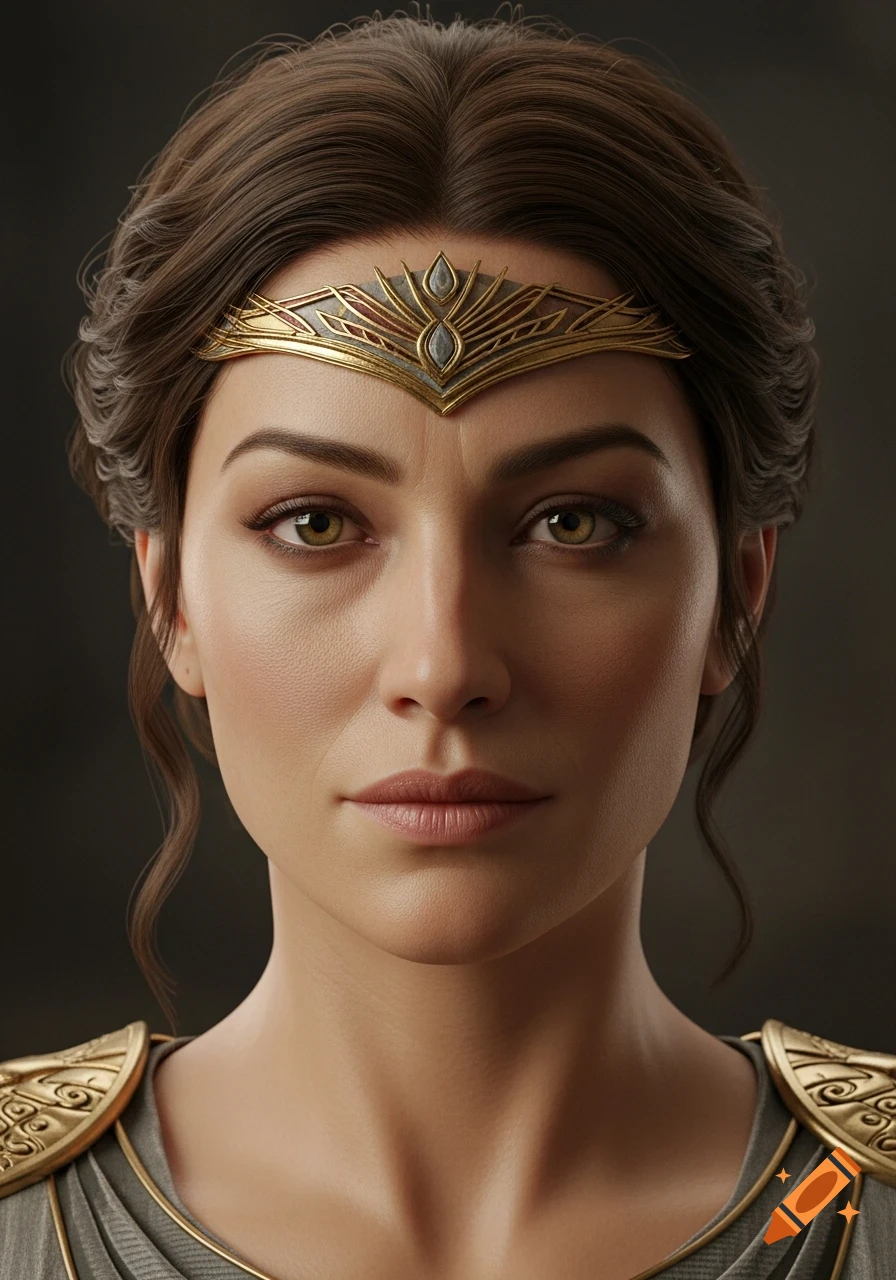 Close-up photorealistic portrait of an Athena-inspired woman with green eyes, wearing a golden crown and ancient armor.