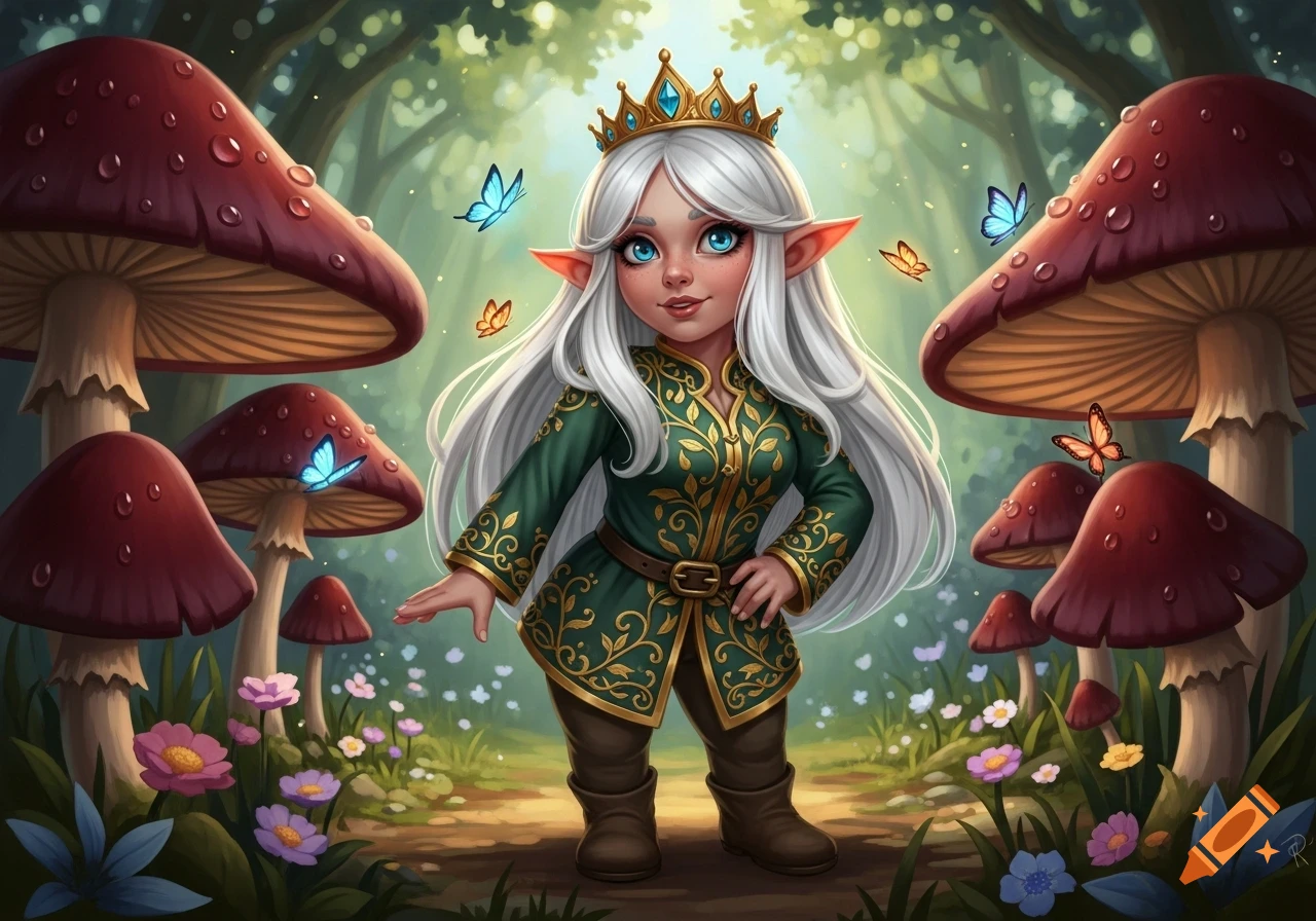 Vibrant illustration of a white-haired gnome princess with a crown, standing in an enchanted forest with large red mushrooms and butterflies.