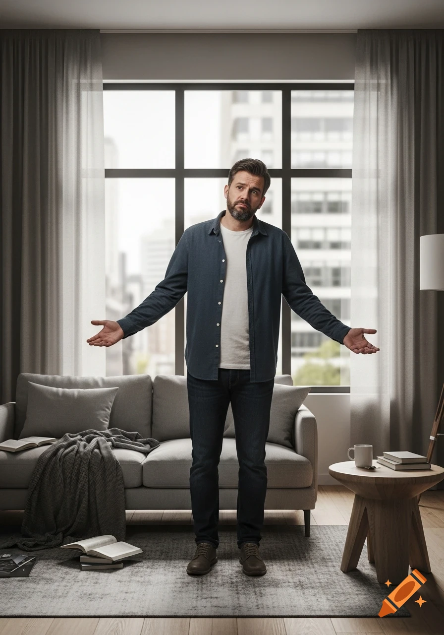 Photorealistic image of an adult man with open arms, expressing boredom in a modern apartment living room.