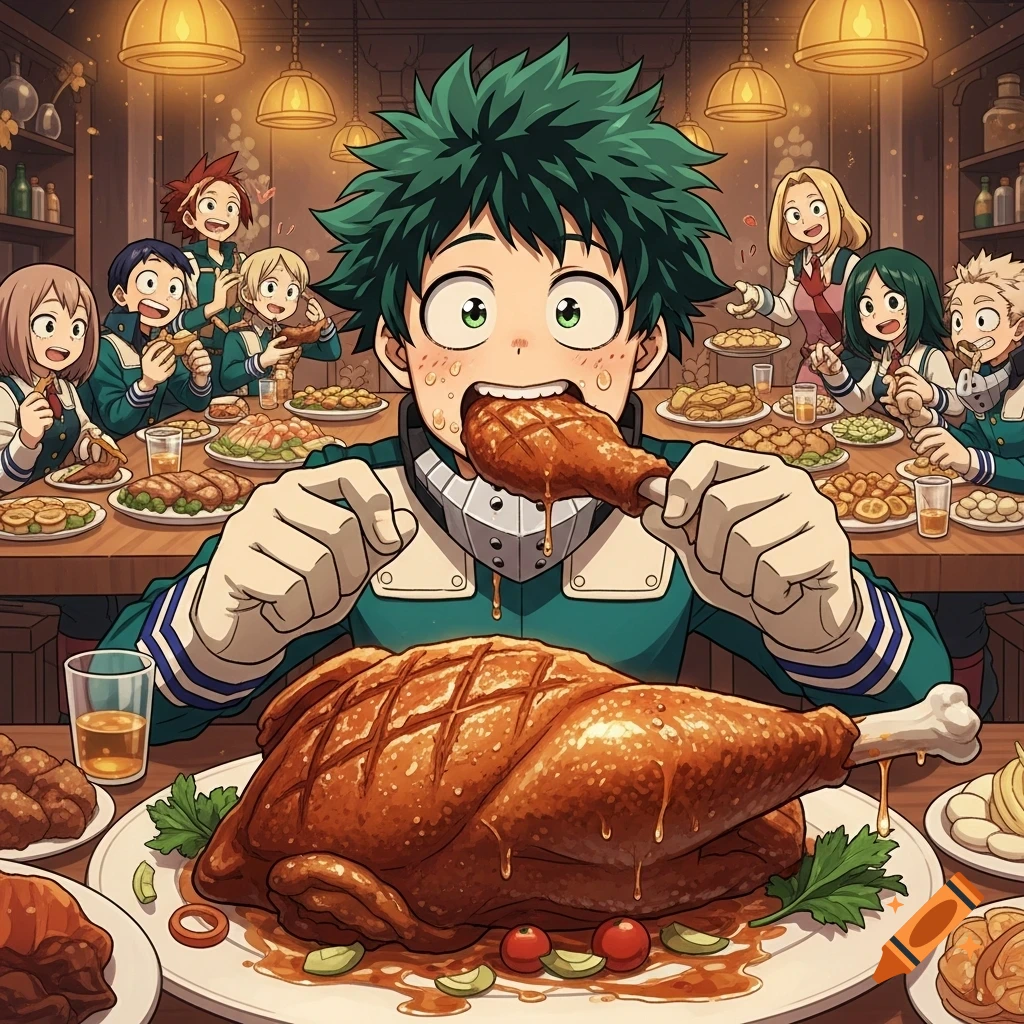 Izuku Midoriya devours a chicken drumstick at a festive dinner table packed with food and other My Hero Academia anime characters.