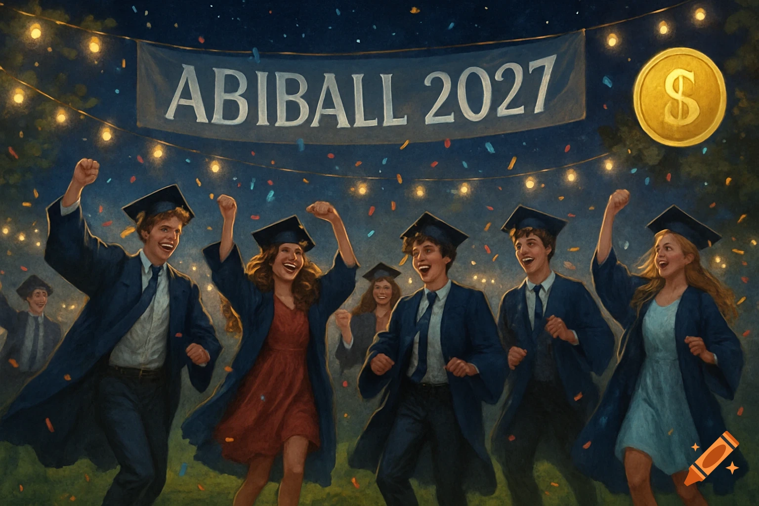 Jubilant students in graduation caps and gowns dance under a banner reading 'ABIBALL 2027' and string lights, with confetti falling.
