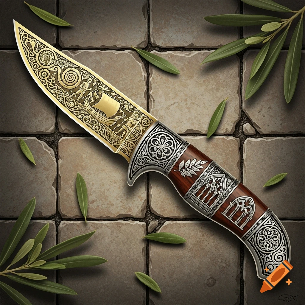 Ornate decorative knife with a gold patterned blade, silver filigree, and a wooden handle, lying on stone pavers with olive leaves.
