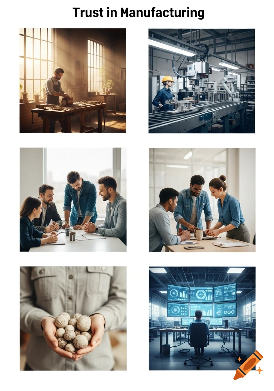 A collage of six images illustrating trust in manufacturing, including a craftsman, a factory worker, business meetings, hands holding raw materials, and a person monitoring data on multiple screens.