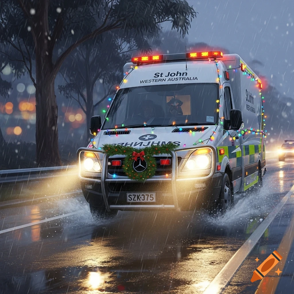 Photorealistic St John ambulance adorned with Christmas lights drives on a wet road in the rain at night.