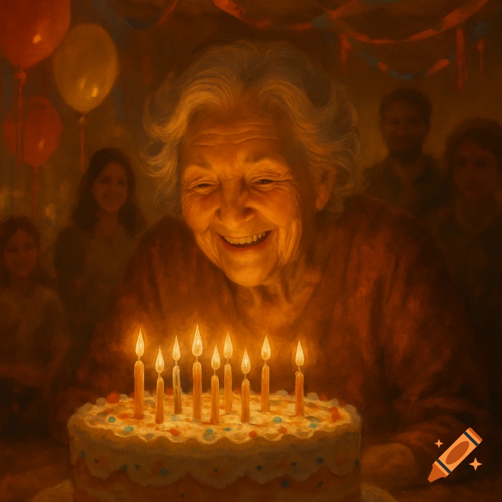 A smiling elderly woman looking at a birthday cake with lit candles, surrounded by blurred figures and balloons in a warm, painterly style.