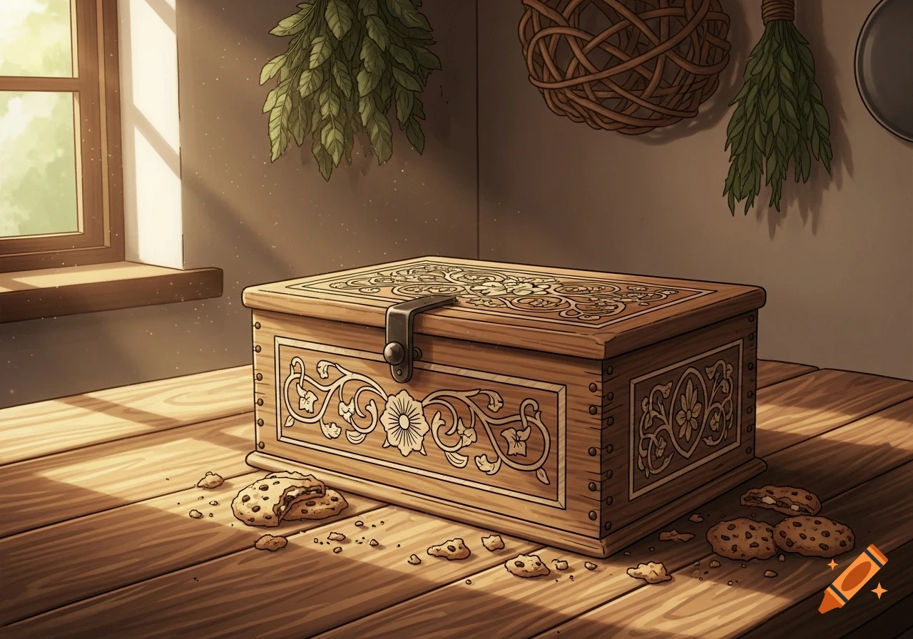 A richly carved wooden chest sits on a sunlit wooden table with scattered chocolate chip cookies. Hanging herbs and a woven basket are in the background.
