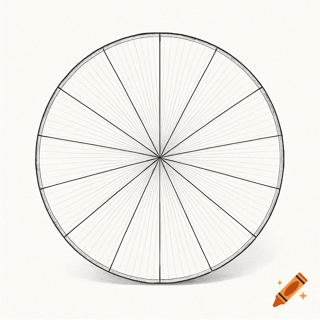 A minimalist black and white illustration of a circle divided into 14 radial segments, resembling a pie chart.