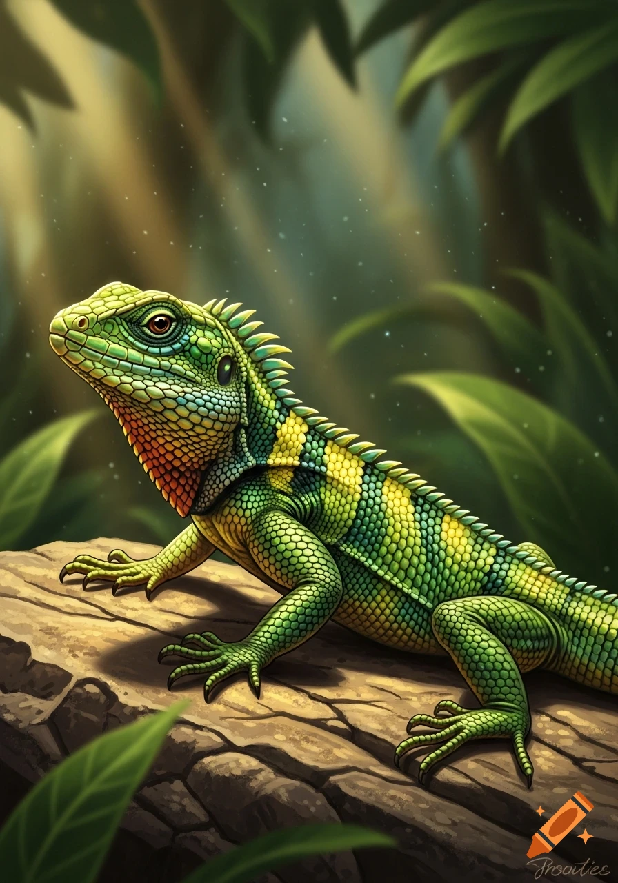 A vibrant green and yellow lizard with orange throat markings perches on a log amidst lush jungle foliage, illustrated.