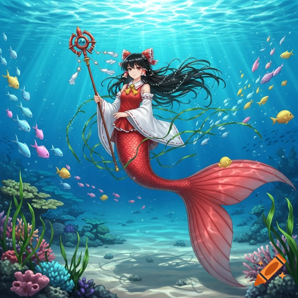 An anime mermaid with long dark hair, a red top, and a red scaled tail holds a staff underwater with colorful fish and coral.