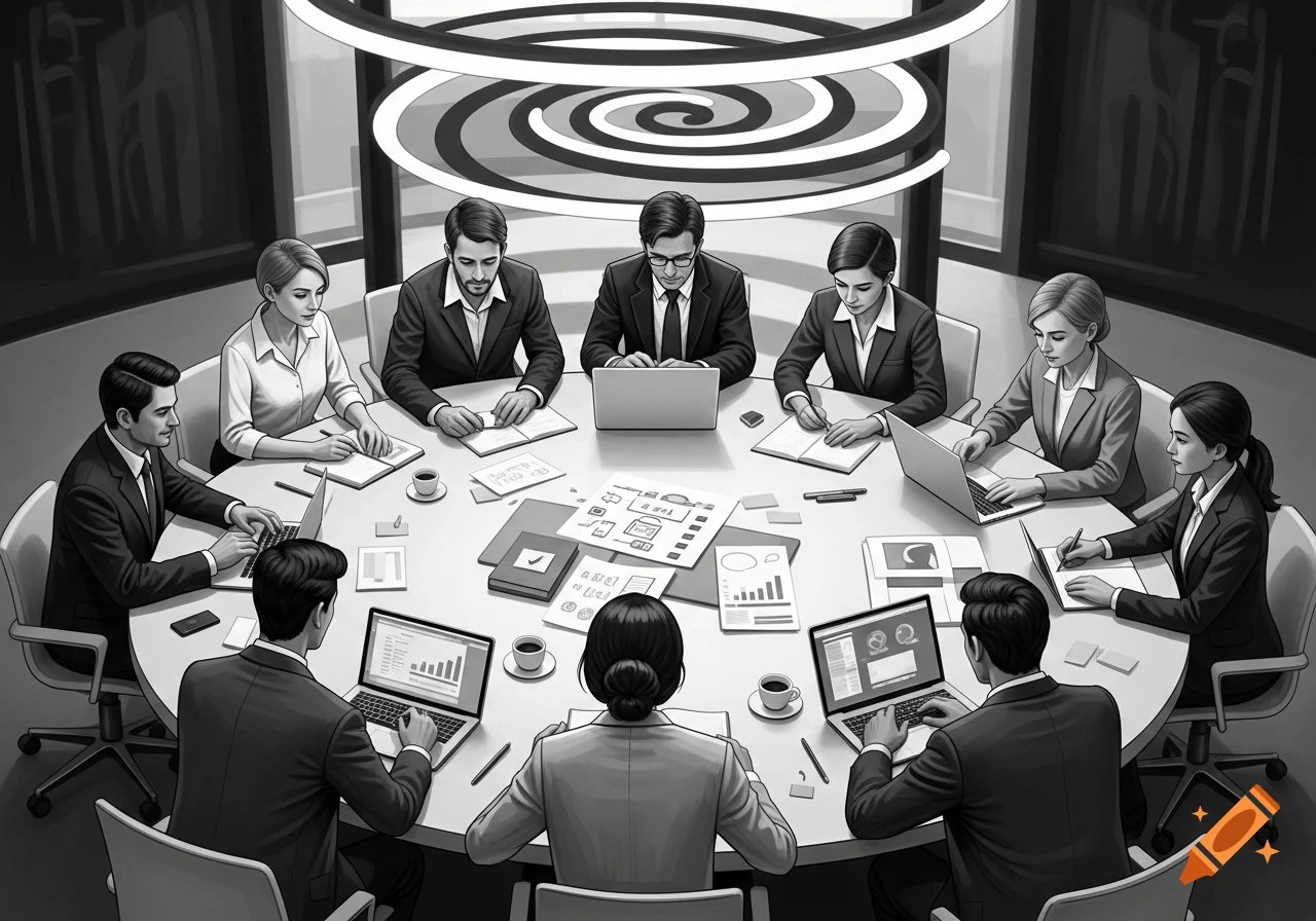 Black and white image of a diverse group of professionals working and conversing around a large round conference table in an office.